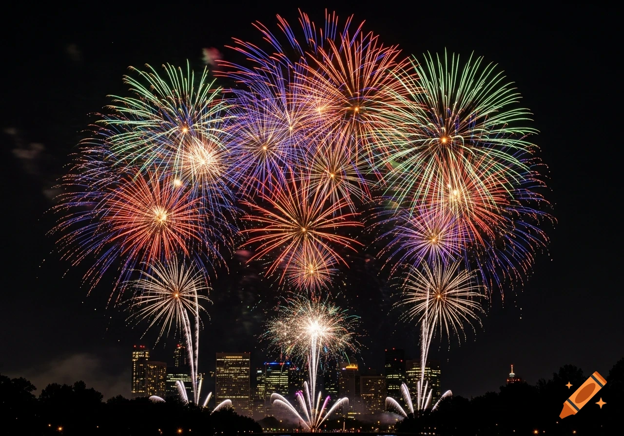 Colorful fireworks exploding over a silhouetted city skyline against a dark night sky, photorealistic.
