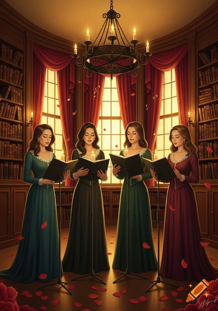 Four women in elegant gowns sing from music books in a candlelit library, with warm window light and falling rose petals.