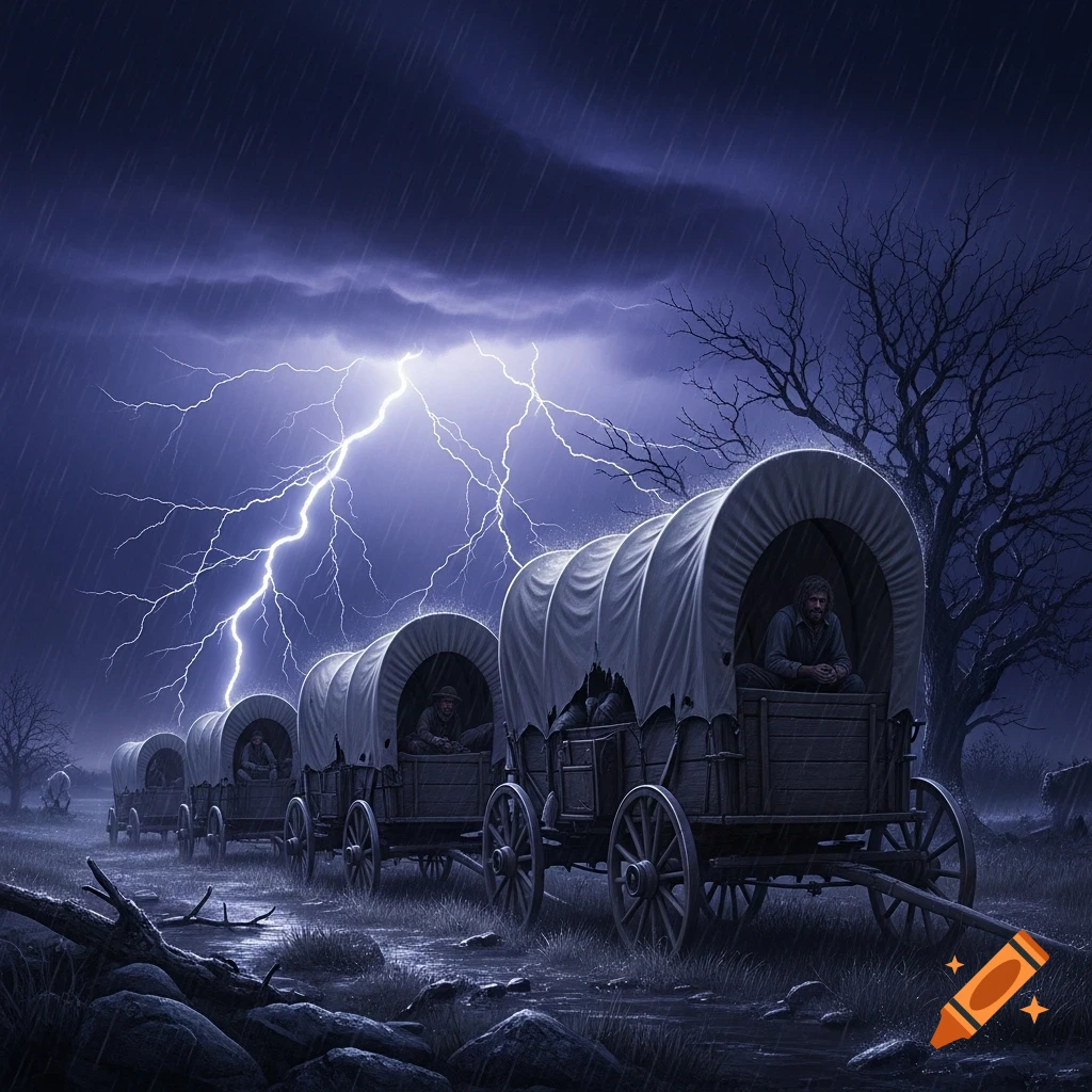A wagon train moves through a dark, rainy landscape at night under a stormy sky with dramatic lightning.