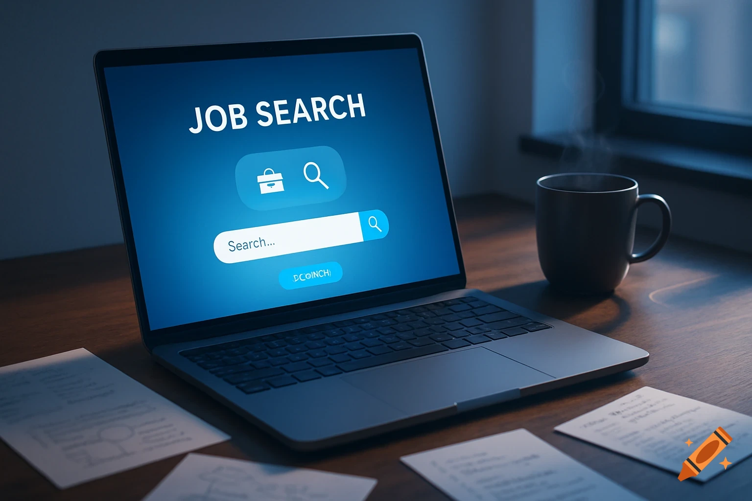 A laptop displaying a 'JOB SEARCH' screen with a search bar, next to a steaming coffee mug on a wooden desk.