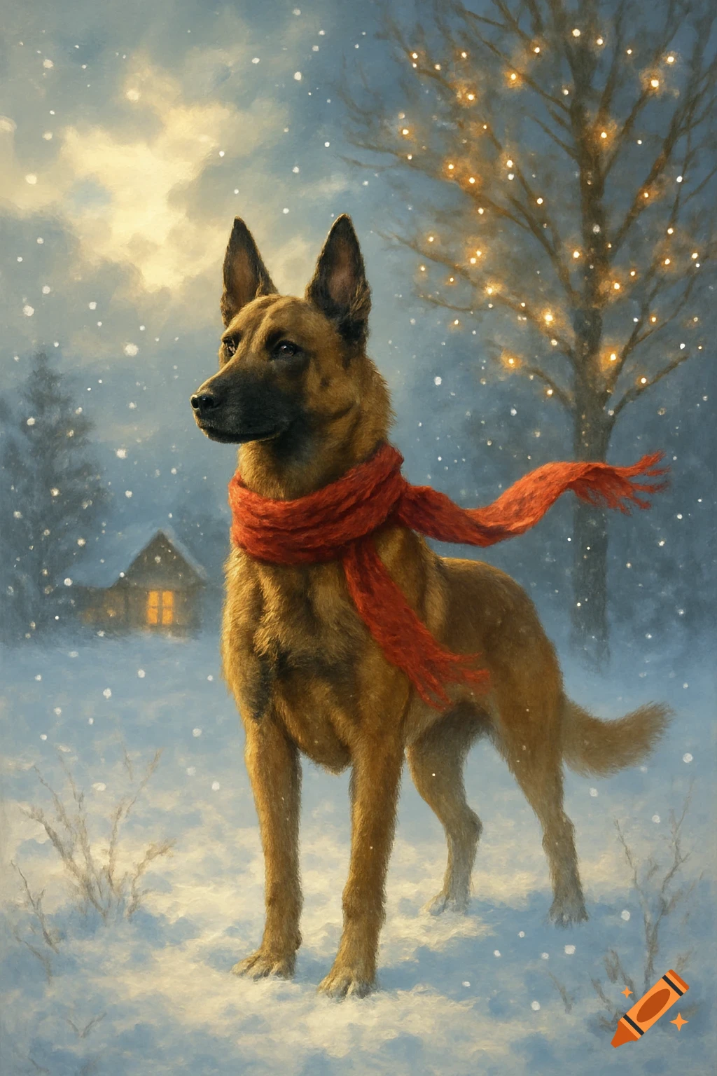 A Malinois dog in a red scarf stands in a snowy winter scene with a lit cabin and decorated tree, in a painterly style.