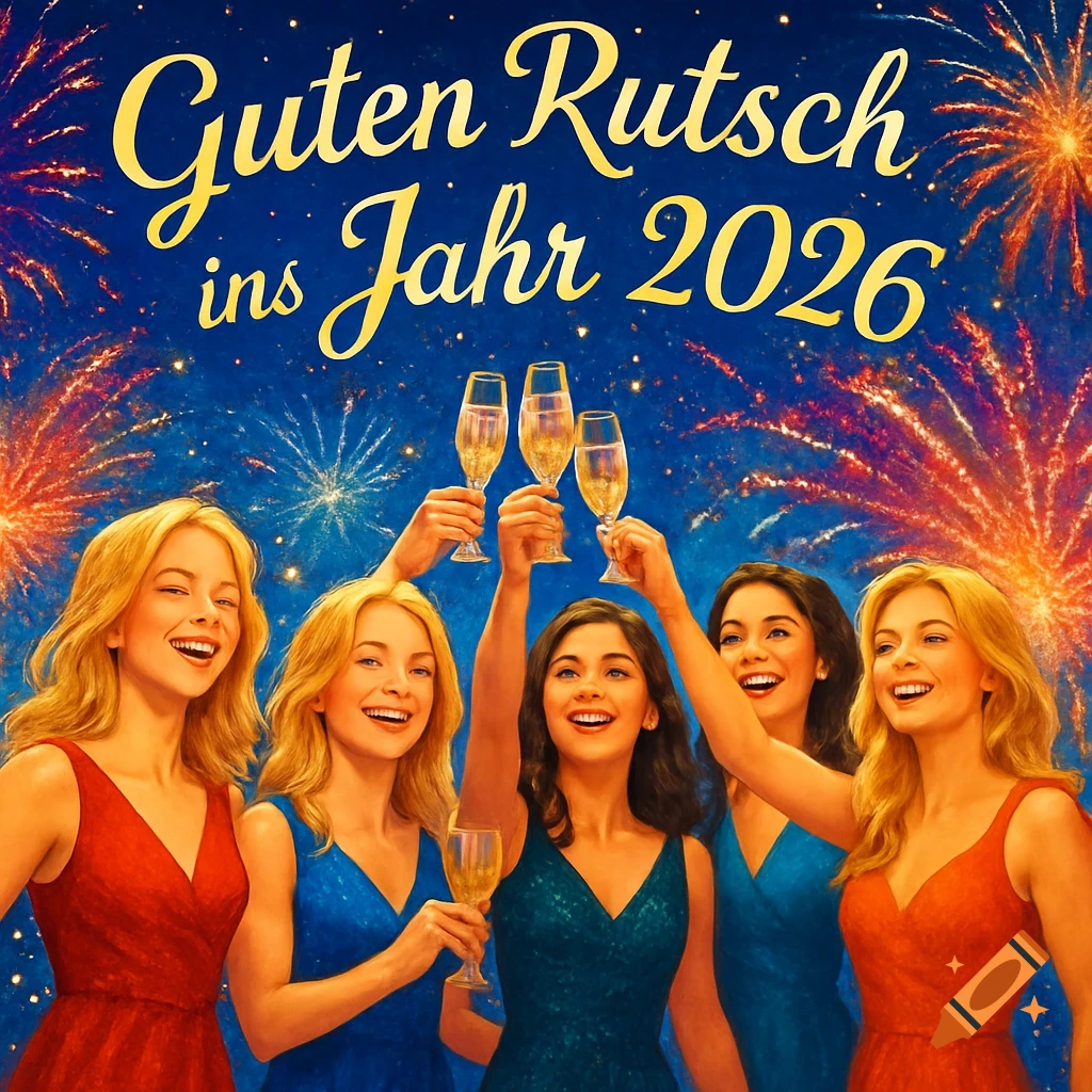 Five smiling women in dresses toast with champagne against a dark blue sky with fireworks and the text 'Guten Rutsch ins Jahr 2026'.