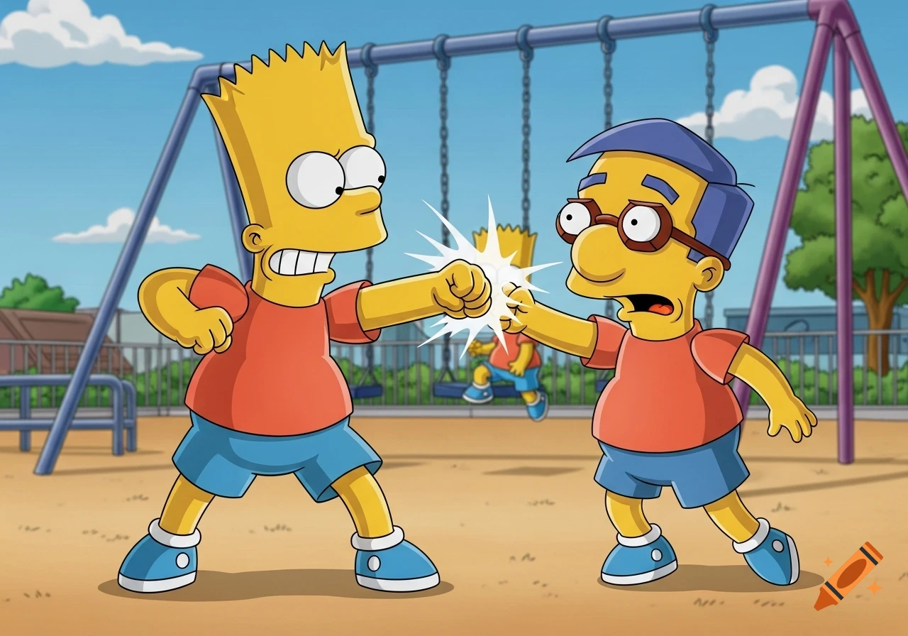 Bart Simpson and Milhouse fist-bumping in a cartoon playground.