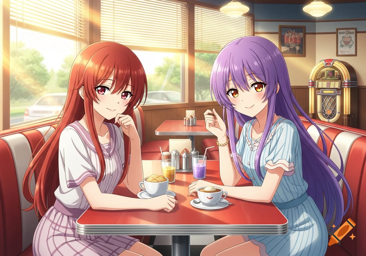 Two anime girls with red and purple hair smile while sitting in a retro diner booth.
