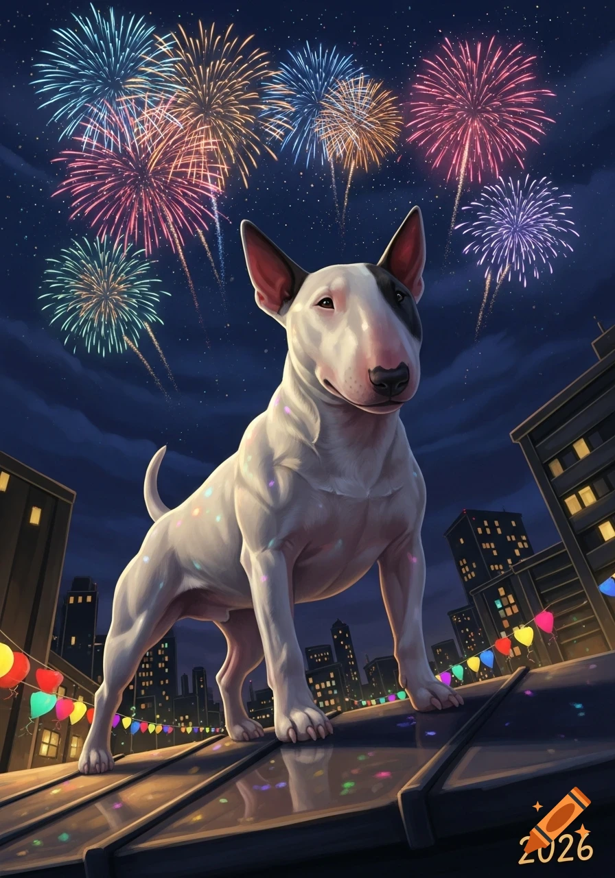 A white Bullterrier with a black eye patch stands on a city rooftop, gazing at colorful fireworks exploding in the night sky.
