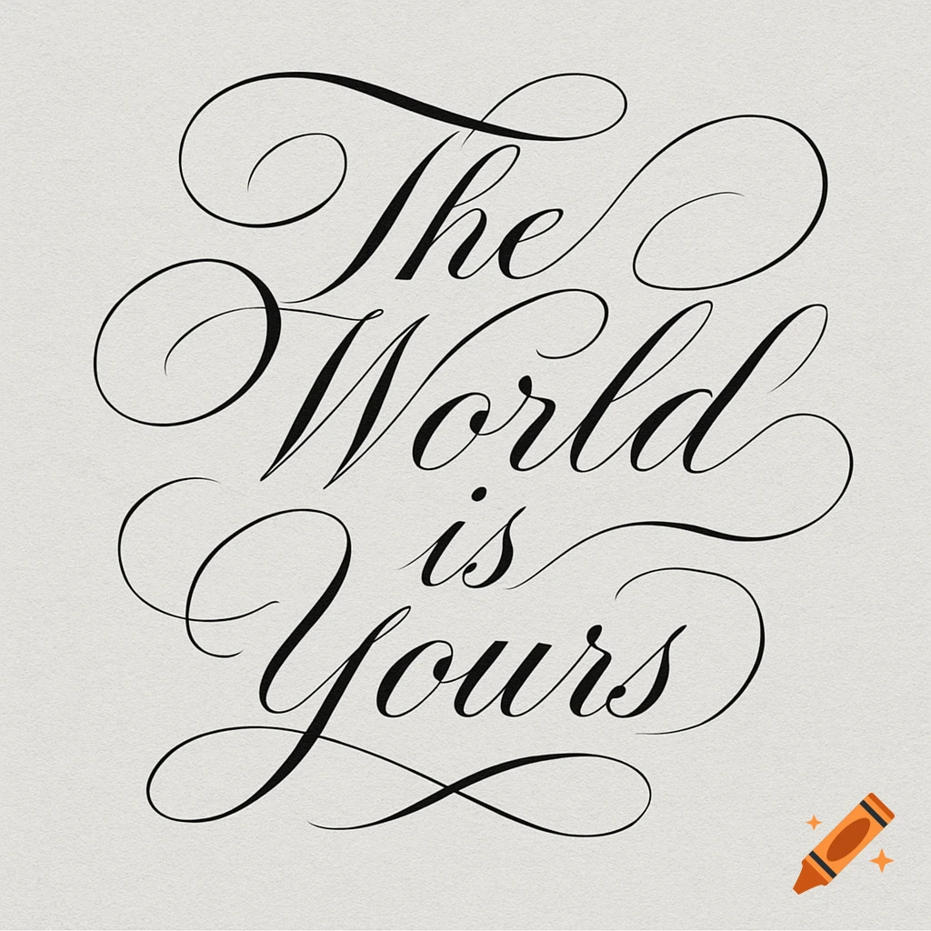 Elegant black cursive calligraphy spells 'The World is Yours' on a light gray textured background.