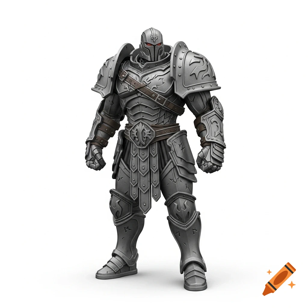 A heavily armored gladiator-like figure, resembling a grey resin 3D printed sculpture, stands on a white background.