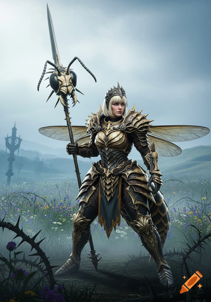 Female warrior in ornate wasp armor with wings holds a spear in a field of wildflowers and thorns. Gothic fantasy render.