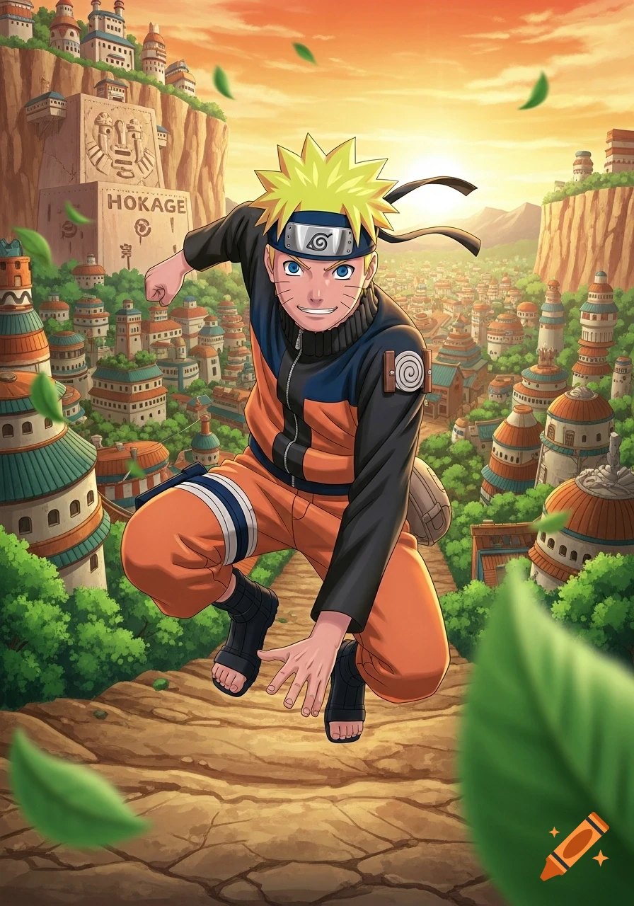 Naruto Uzumaki in a dynamic pose, set against the vibrant orange sky of sunset over Konoha village.