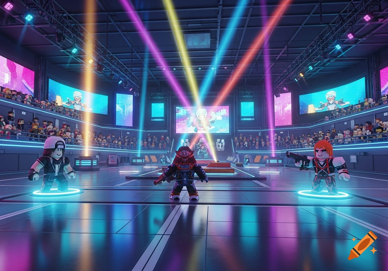 Three Roblox-style characters stand in a neon-lit futuristic combat arena with an audience and large screens.