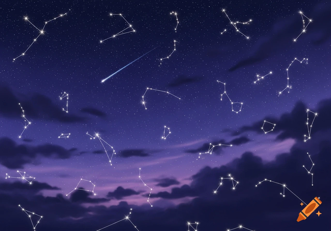A deep blue and purple night sky filled with numerous bright constellations and a glowing shooting star, with dark clouds at the bottom.