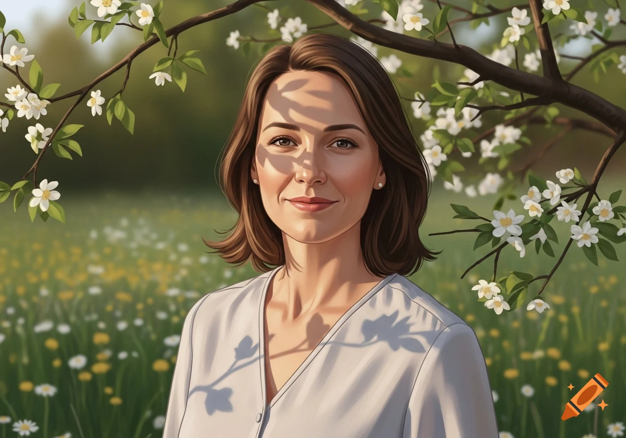 A smiling woman with short brown hair stands in a field of wildflowers under blossoming tree branches, with dappled sunlight on her face.