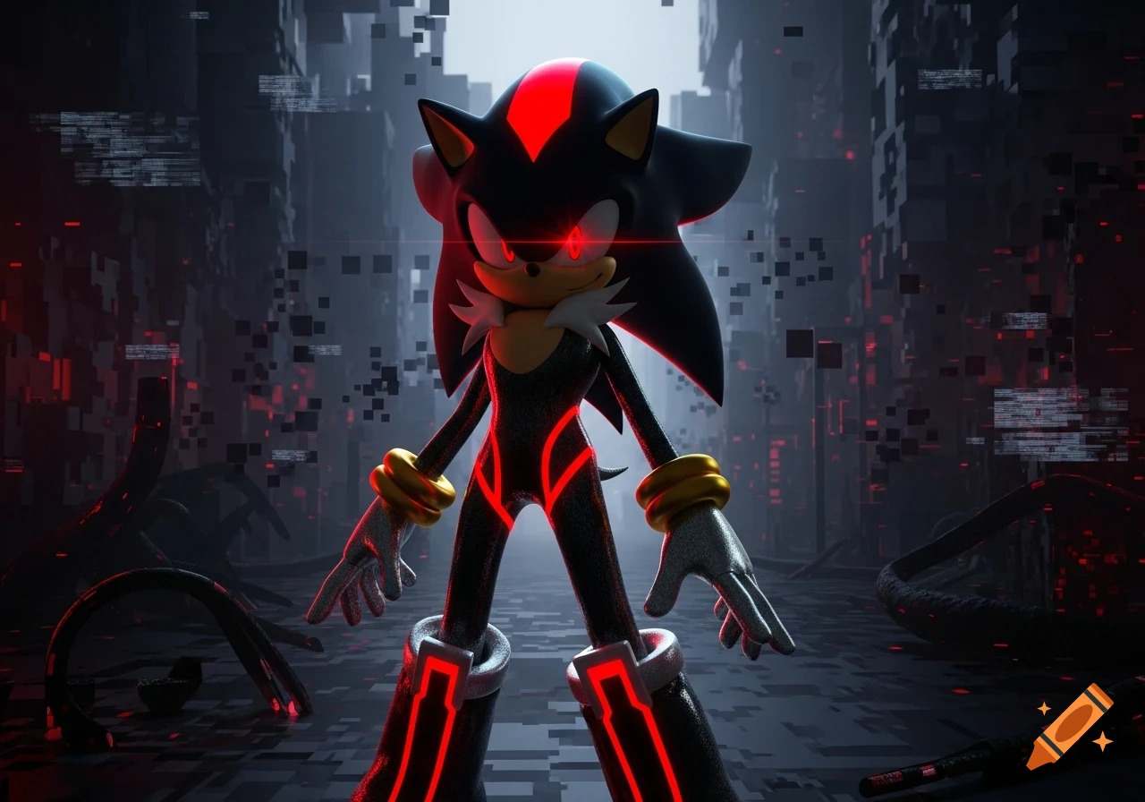 Shadow the Hedgehog with glowing red eyes and red cybernetic lines on his suit stands in a dark, glitchy digital landscape.