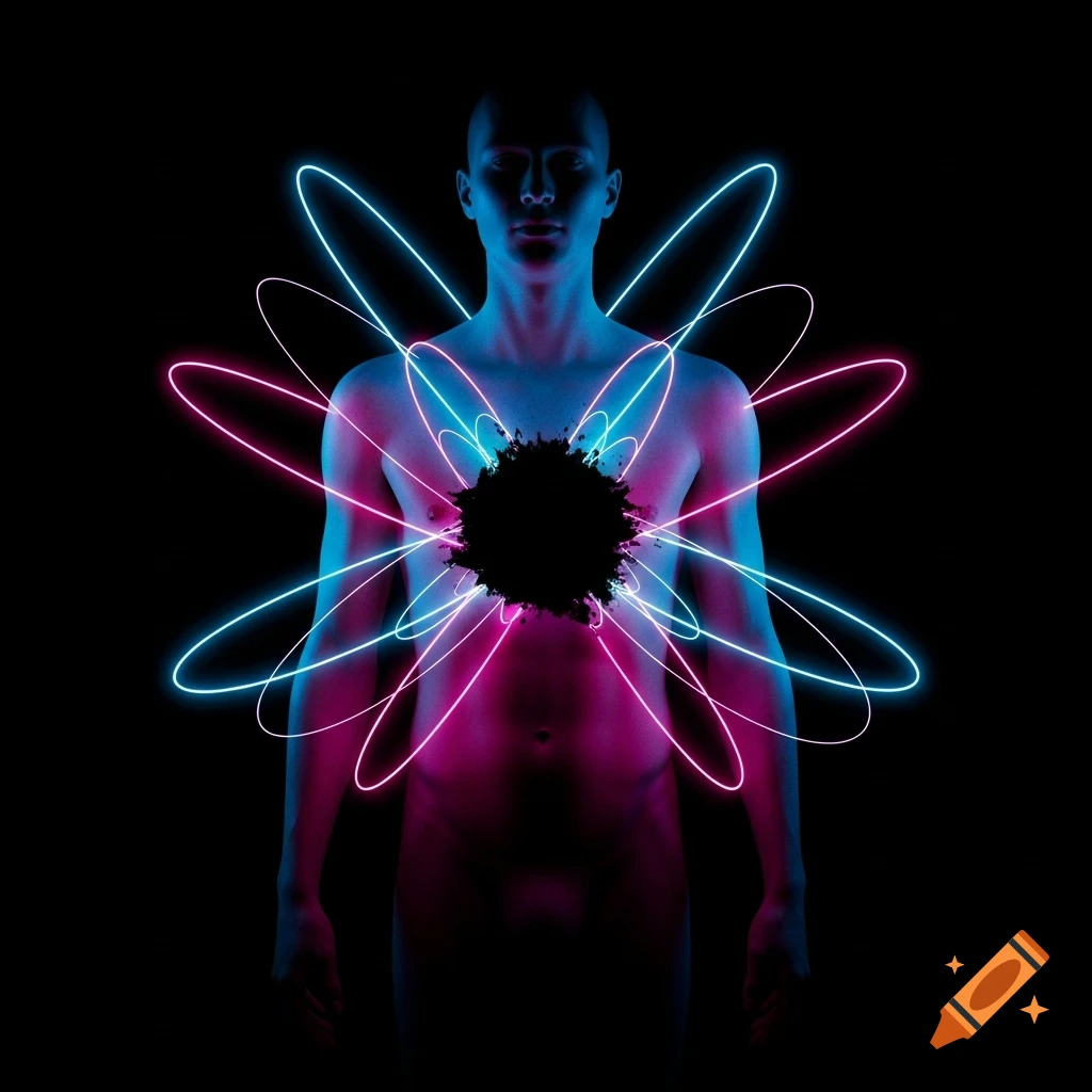 A stylized photorealistic image of a nude male torso, highlighted by neon blue and magenta lights converging into a black hole in the chest against a dark background.