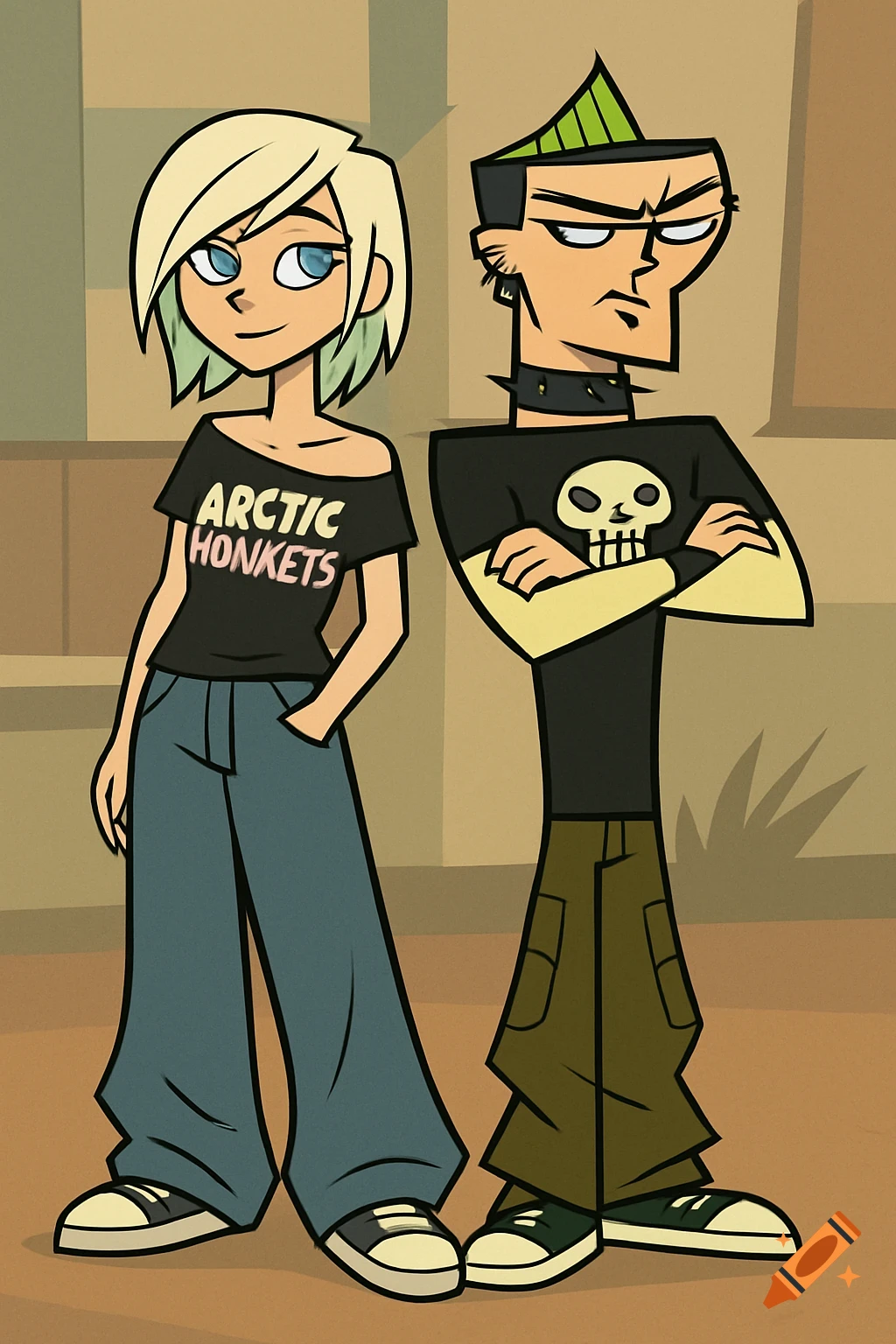 A girl with blonde hair and blue eyes wearing an off-the-shoulder black t-shirt with "ARCTIC HONKETS" written on it, baggy jeans, and sneakers, stands next to Duncan from Total Drama Island. Both are cartoon characters in a stylized art style.