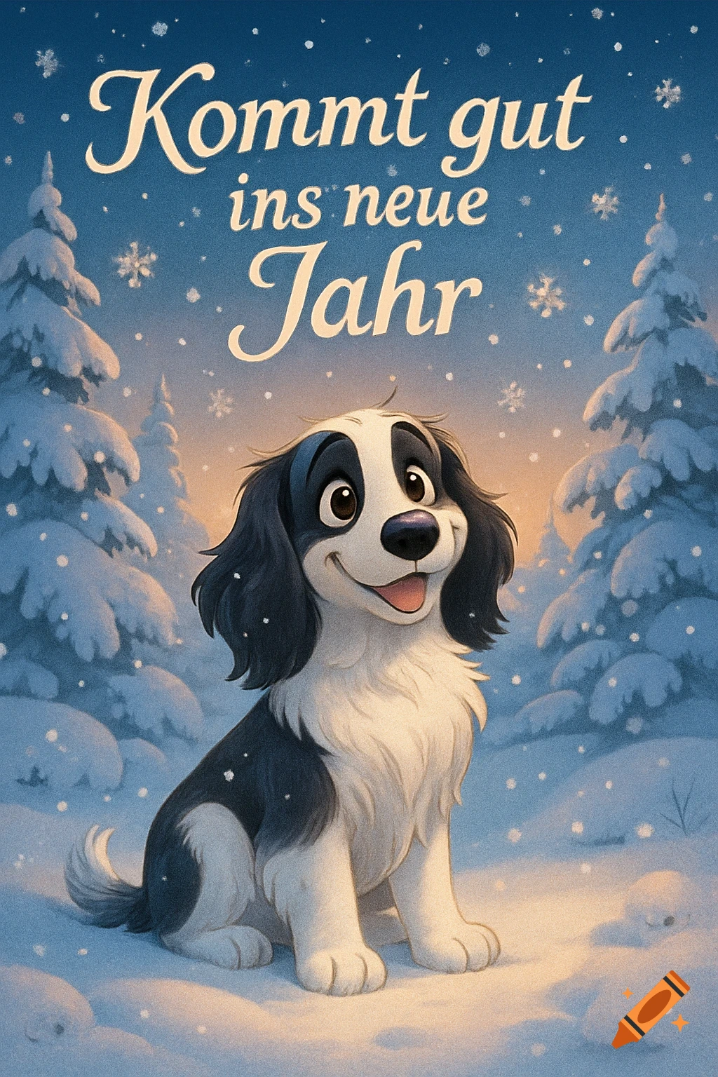 A cute, smiling black and white cartoon dog sits in a snowy winter landscape with pine trees. Text reads 'Kommt gut ins neue Jahr'.