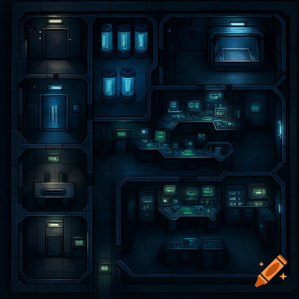 Top-down view of a dark, blue-lit futuristic military laboratory floorplan with control rooms and glowing tanks.