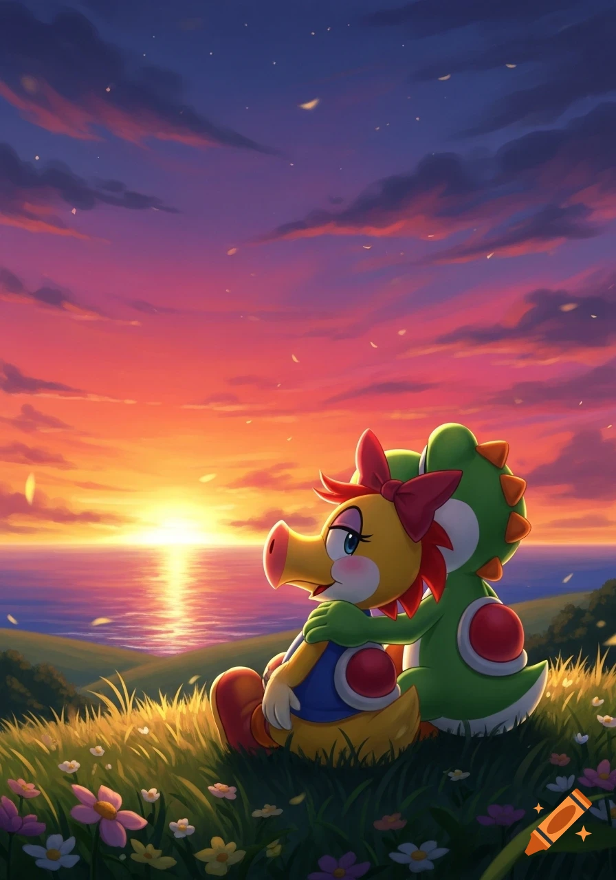 Yoshi and Birdo sit on a grassy hill covered in flowers, watching a vibrant sunset over the ocean in a colorful illustration.