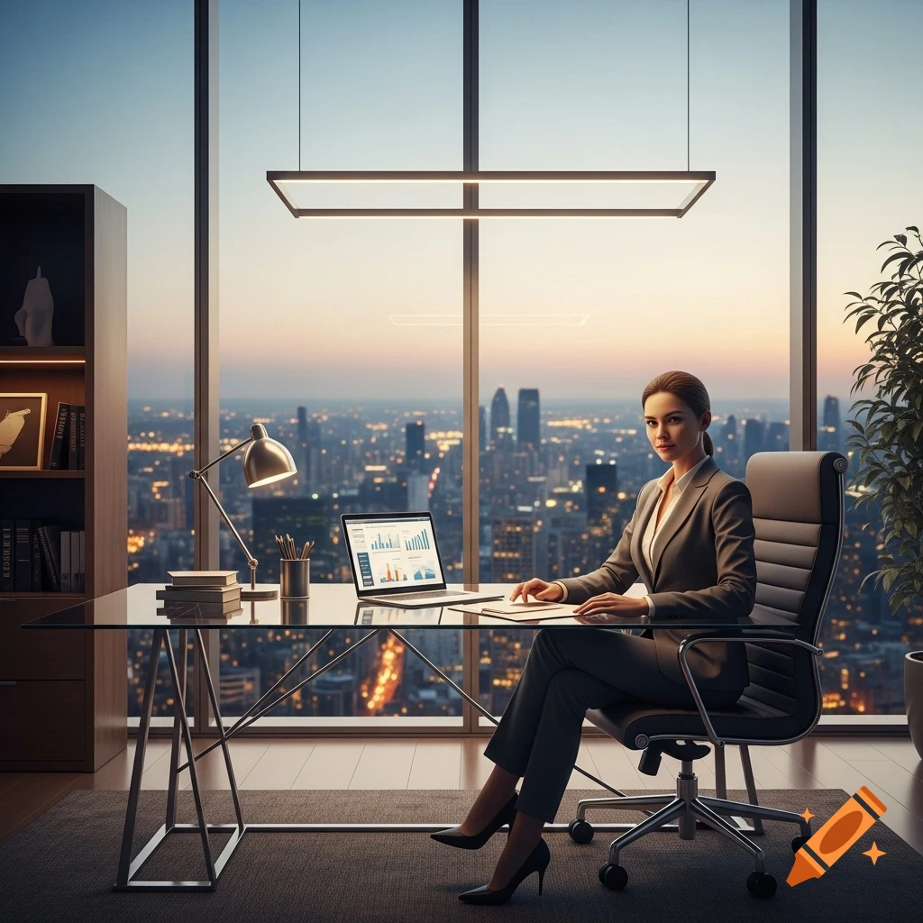 A professional woman sits at a glass desk with a laptop, overlooking a city skyline at sunset from a modern office.