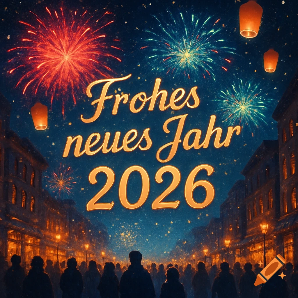A vibrant New Year's Eve scene with fireworks, glowing lanterns, and a crowd of people watching under a night sky, with the text 'Frohes neues Jahr 2026' in gold.