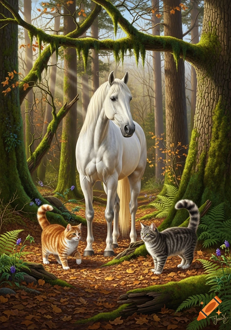 A white horse, an orange tabby, and a grey tabby cat stand in a sunlit forest with mossy trees and autumn leaves in a photorealistic style.