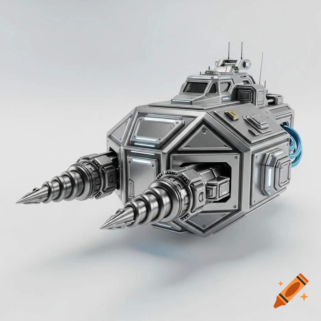 A futuristic, silver, cubic mining vehicle with two large drills on the front, rendered in a 3D video game style on a white background.