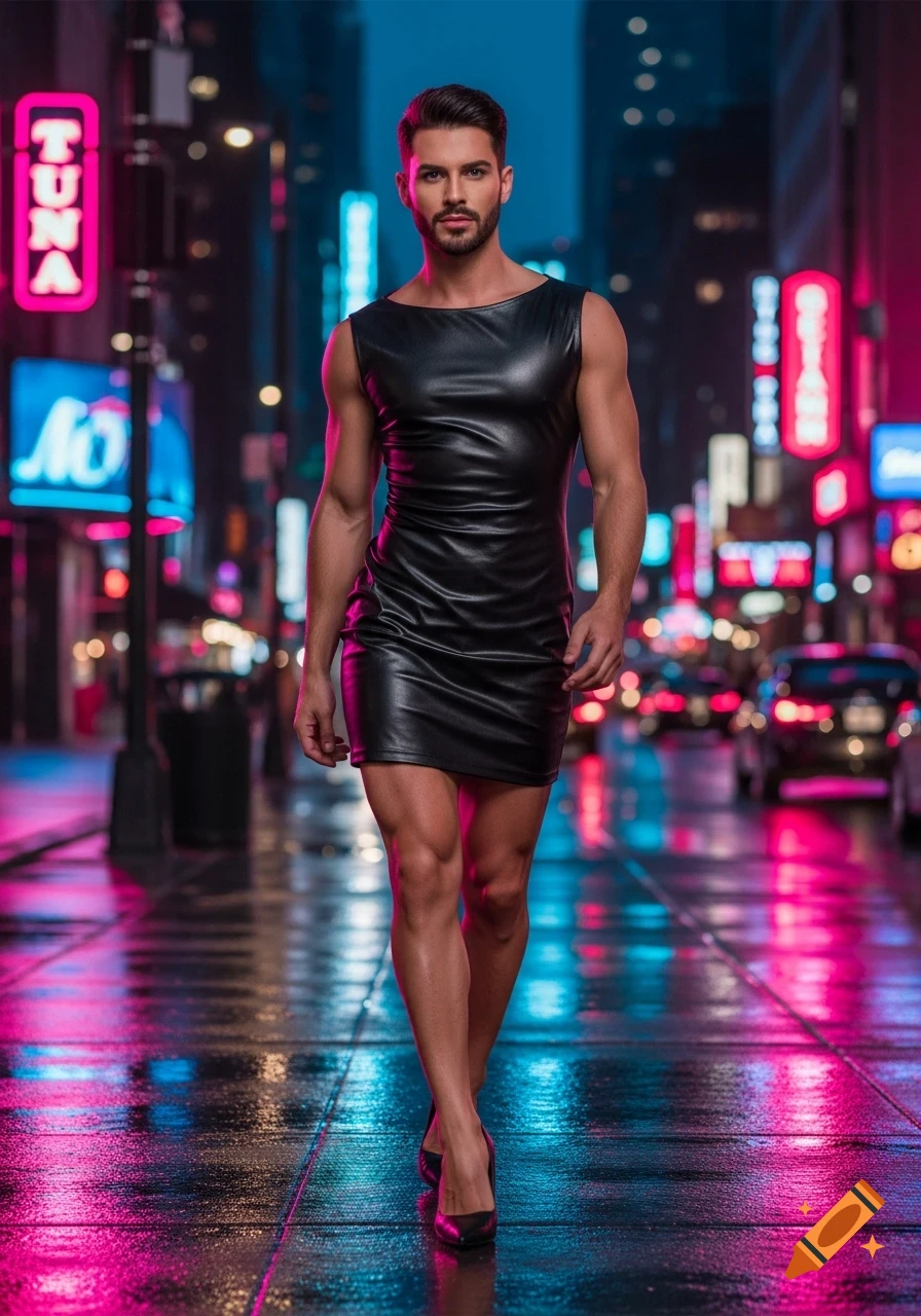 A man in a black leather mini dress and high heels walks on a wet city street at night, illuminated by neon lights.