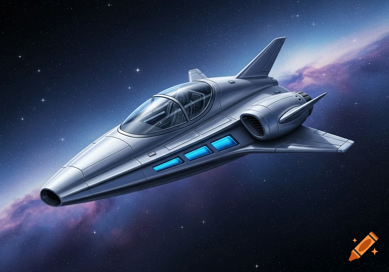 A sleek silver futuristic spaceship with blue glowing panels flies through a star-filled space with a nebula.