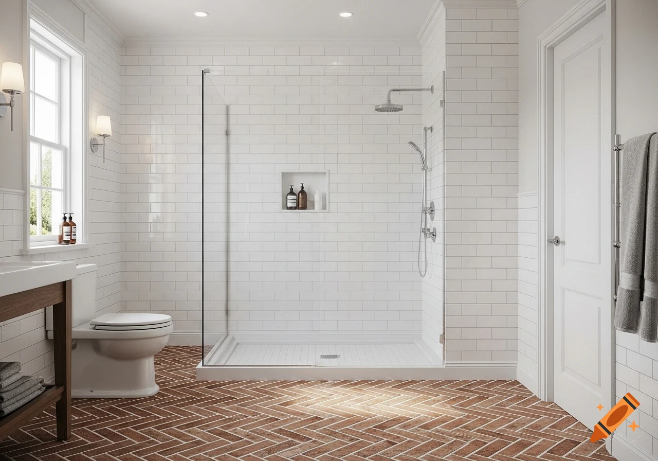 A modern bathroom with white subway tile walls, a walk-in shower, a toilet, a sink vanity, and a herringbone brick floor.