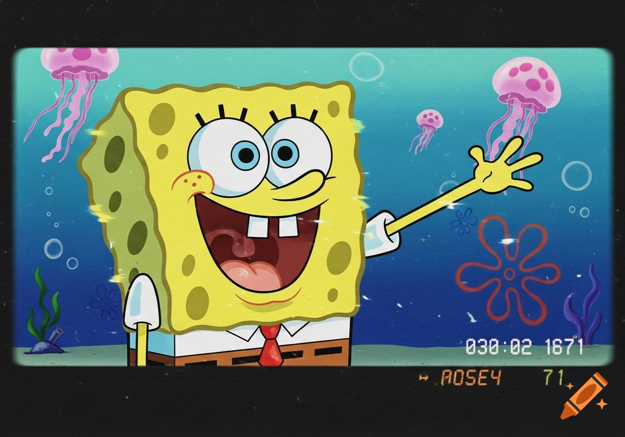 Spongebob Squarepants waves happily underwater with pink jellyfish, depicted with a 2000s analog VHS footage effect.