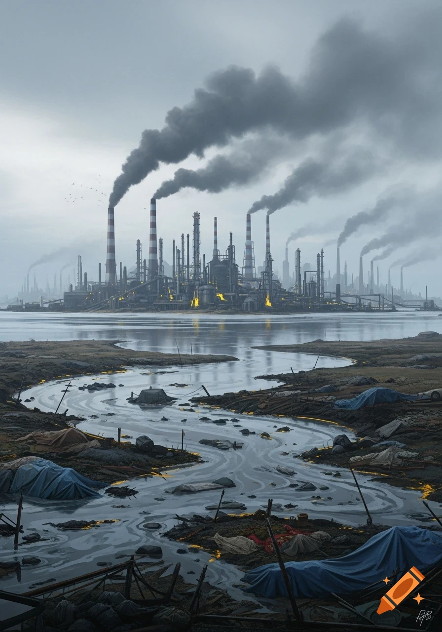 A dark, polluted industrial landscape featuring many smoking factories along a river of gray, trash-laden water, under a hazy sky.