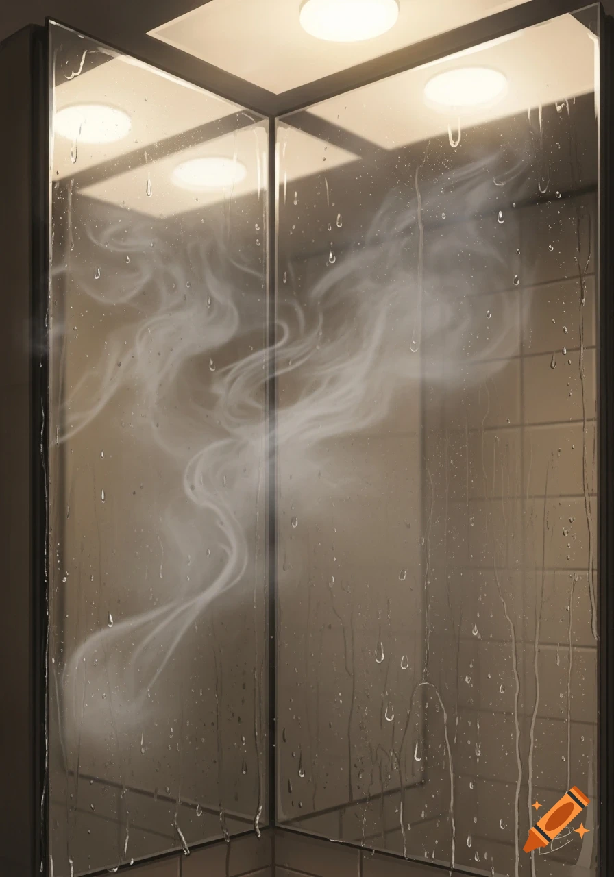 Close-up of a steamy glass shower door or mirror covered in water droplets, reflecting overhead lights.