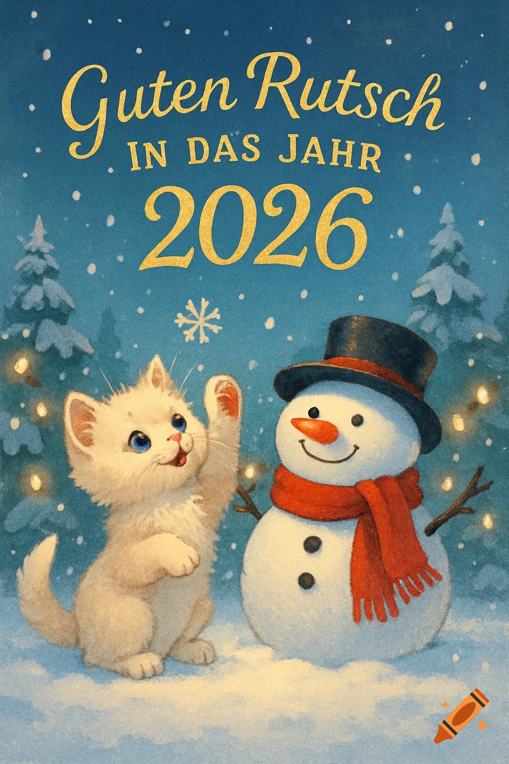 A cute white kitten and a snowman in a snowy winter scene under falling snow and string lights. Text says 'Guten Rutsch IN DAS JAHR 2026'.