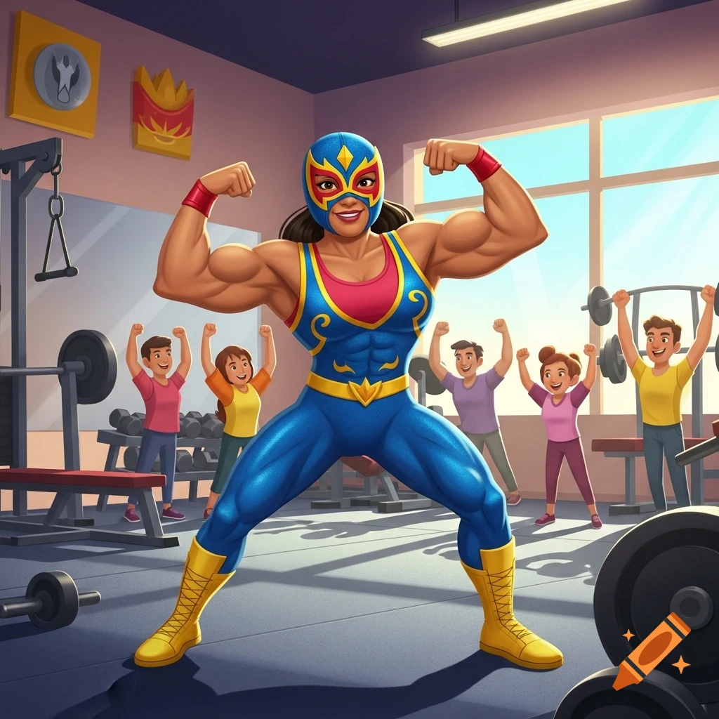 A muscular woman in a blue and red luchador uniform flexes her biceps in a gym, with other cartoon people working out in the background.