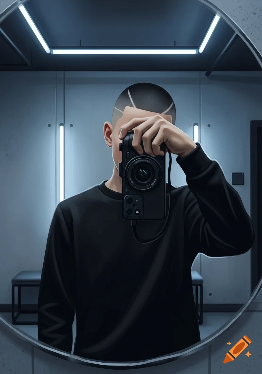 Stylized illustration of a person taking a mirror selfie with a camera-phone, wearing a black shirt and buzzcut.