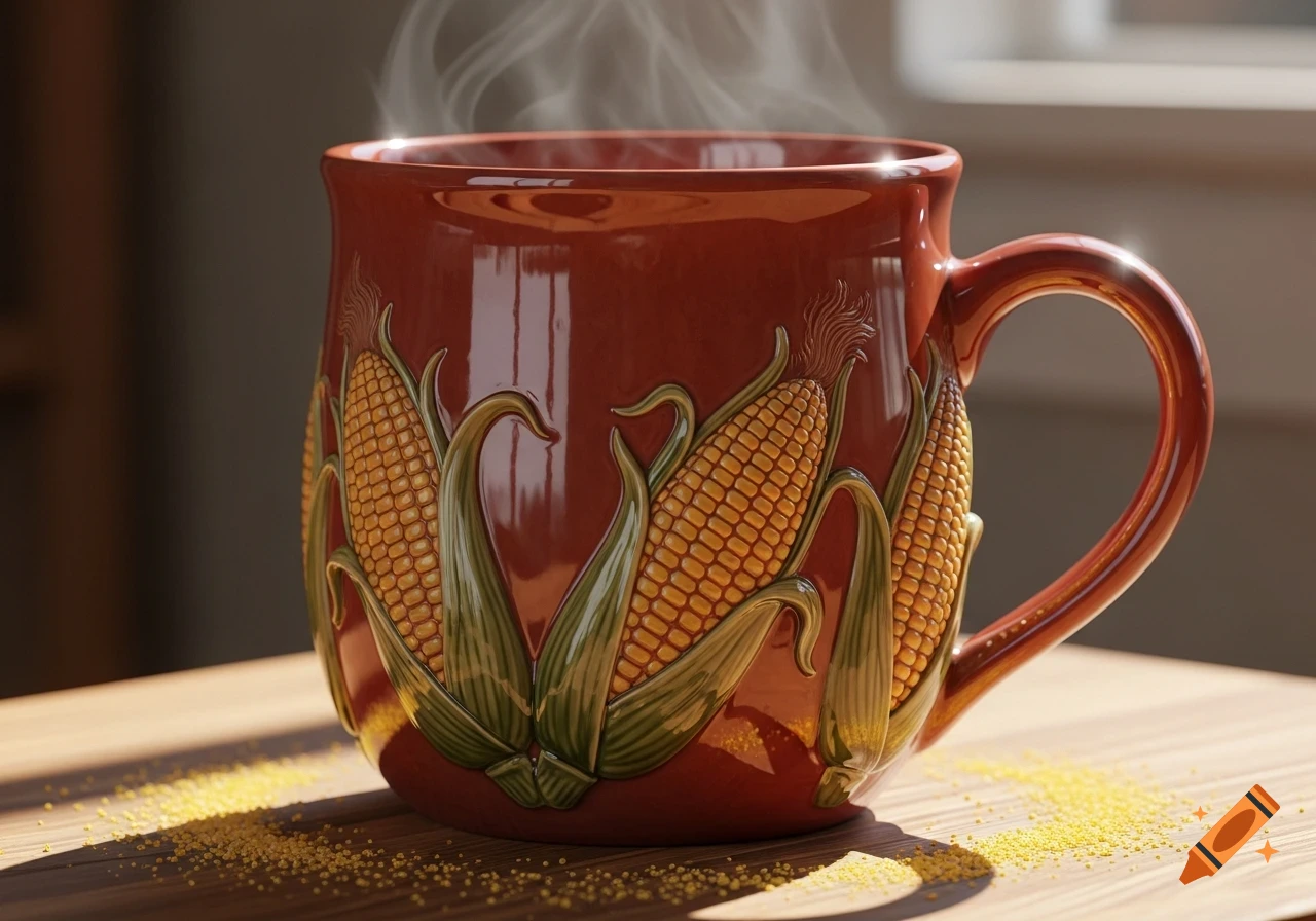 A red ceramic mug with raised corn cob designs, emitting steam, sits on a wooden table with scattered cornmeal.