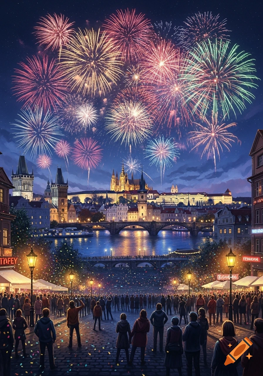 A large crowd watches a colorful fireworks display illuminate a European cityscape with a river and bridges at dusk.