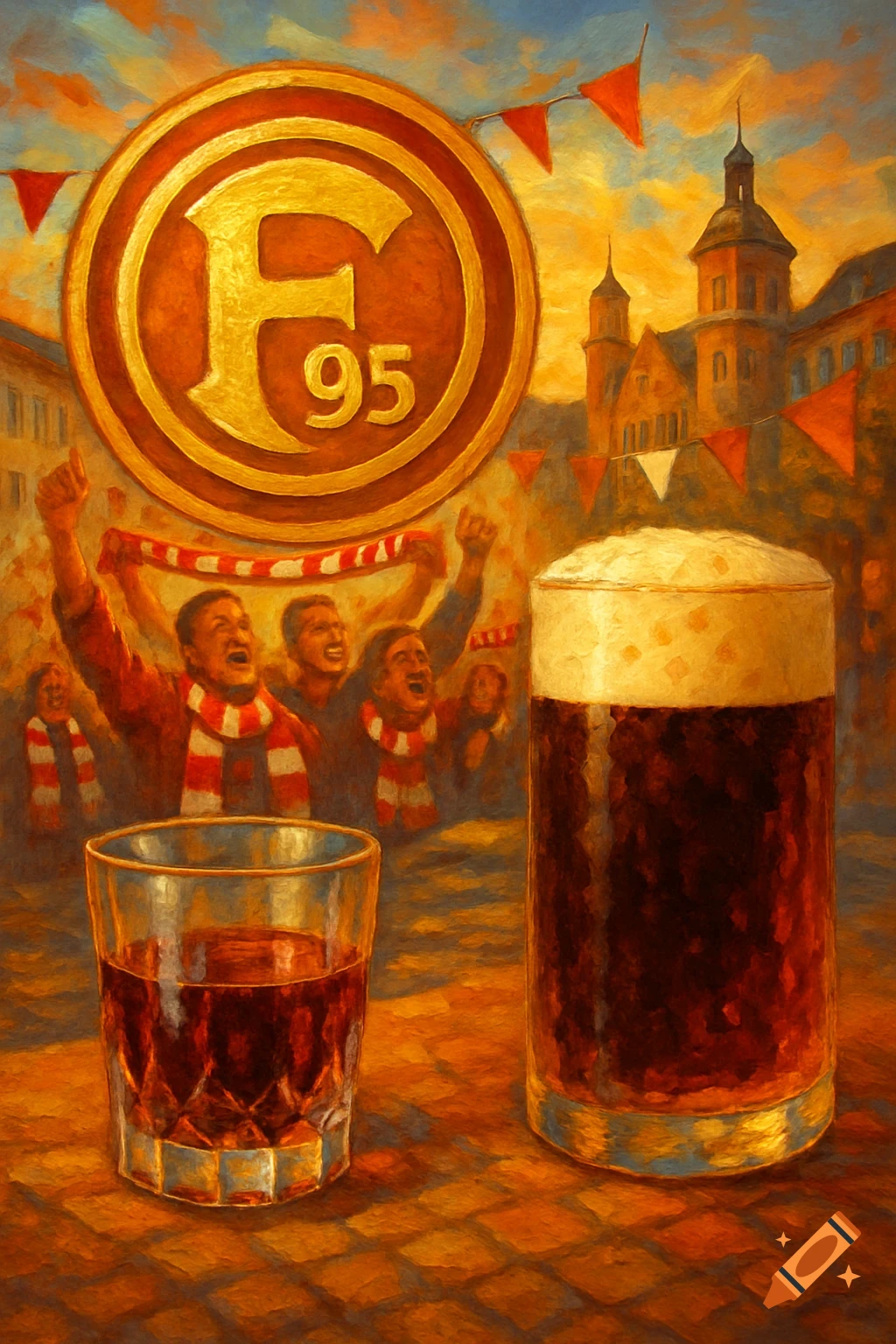A painterly image shows a large golden F95 emblem above cheering sports fans in red and white scarves, a glass of dark beer with foam, a smaller glass of amber spirit, and a European-style city in the background at sunset.