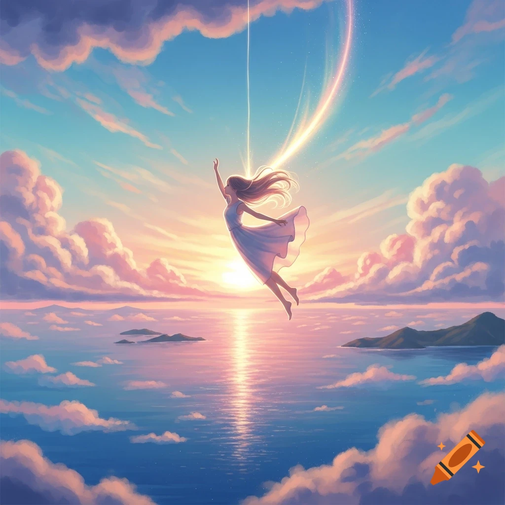 Anime-style girl in a white dress floats gracefully above a vibrant sunset ocean, surrounded by soft clouds and a streaking light.