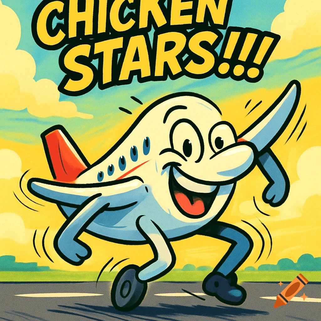 A cheerful cartoon airplane with a big smile and text "CHICKEN STARS!!!" above it, runs on a runway as if dancing. Cartoon style.
