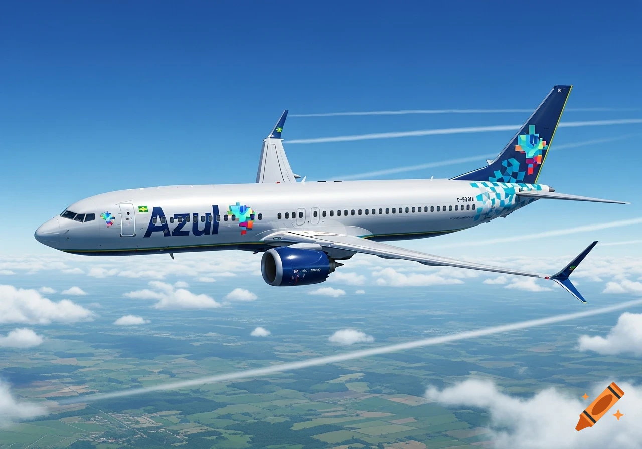 A photorealistic white and blue Azul Linhas Aéreas Boeing 737 MAX 9 airplane flies in a blue sky above a green landscape.