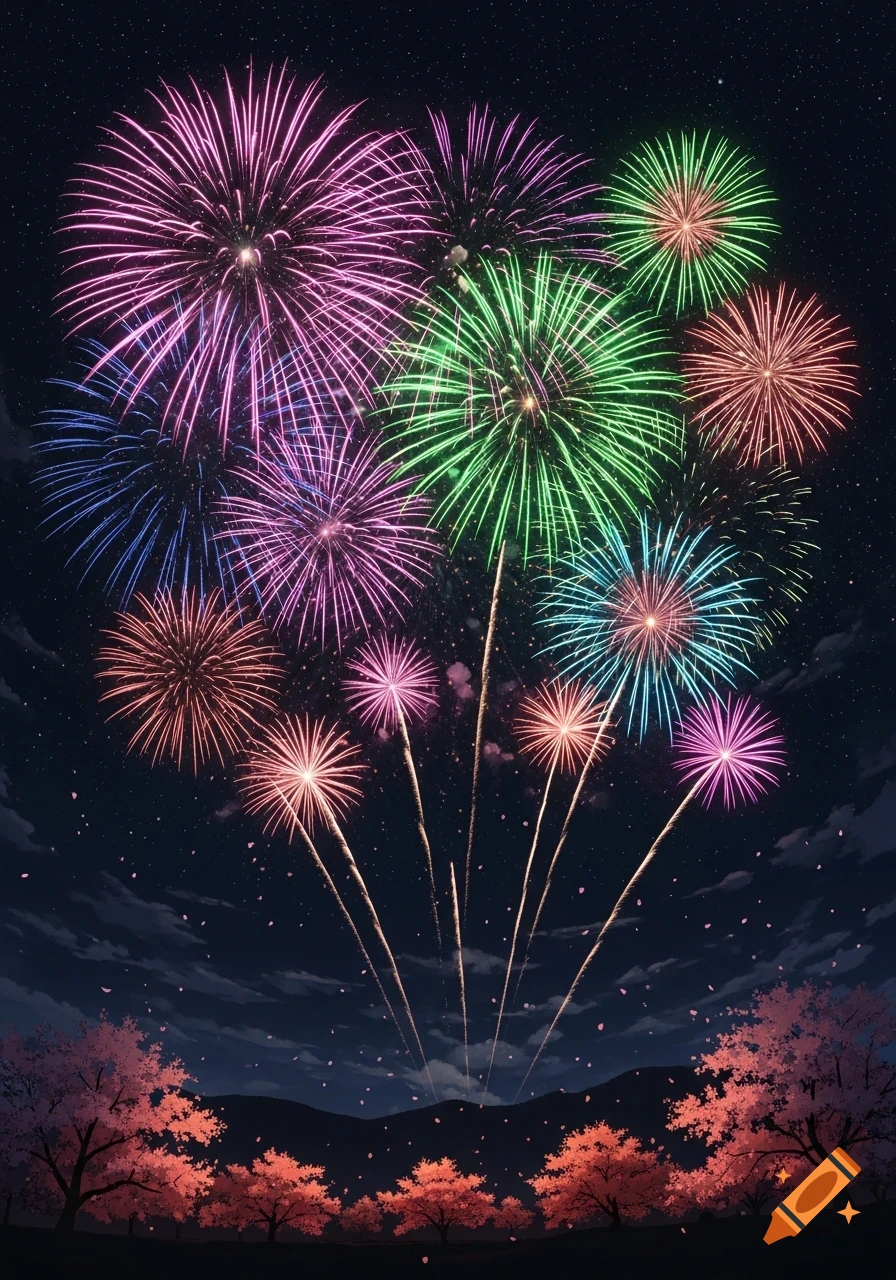 Vibrant fireworks explode in a dark night sky above cherry blossom trees, in an anime art style.