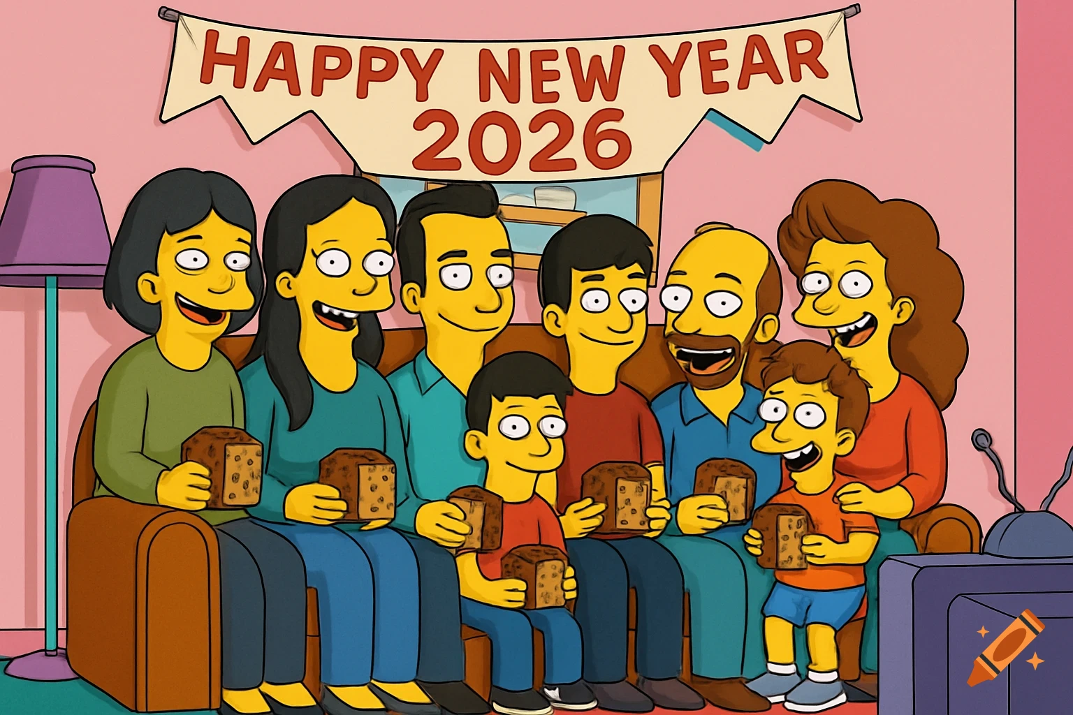 A cartoon family in the style of The Simpsons sits on a couch, holding panettone. A banner above reads "HAPPY NEW YEAR 2026".