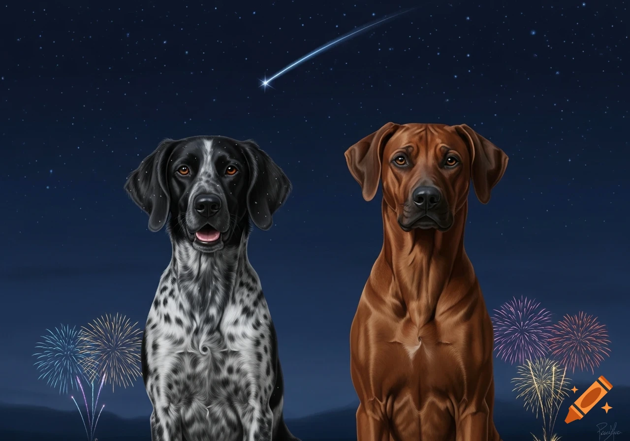 Illustration of two dogs, a black and white speckled hunting dog and a brown Rhodesian Ridgeback, under a starry night sky with fireworks.