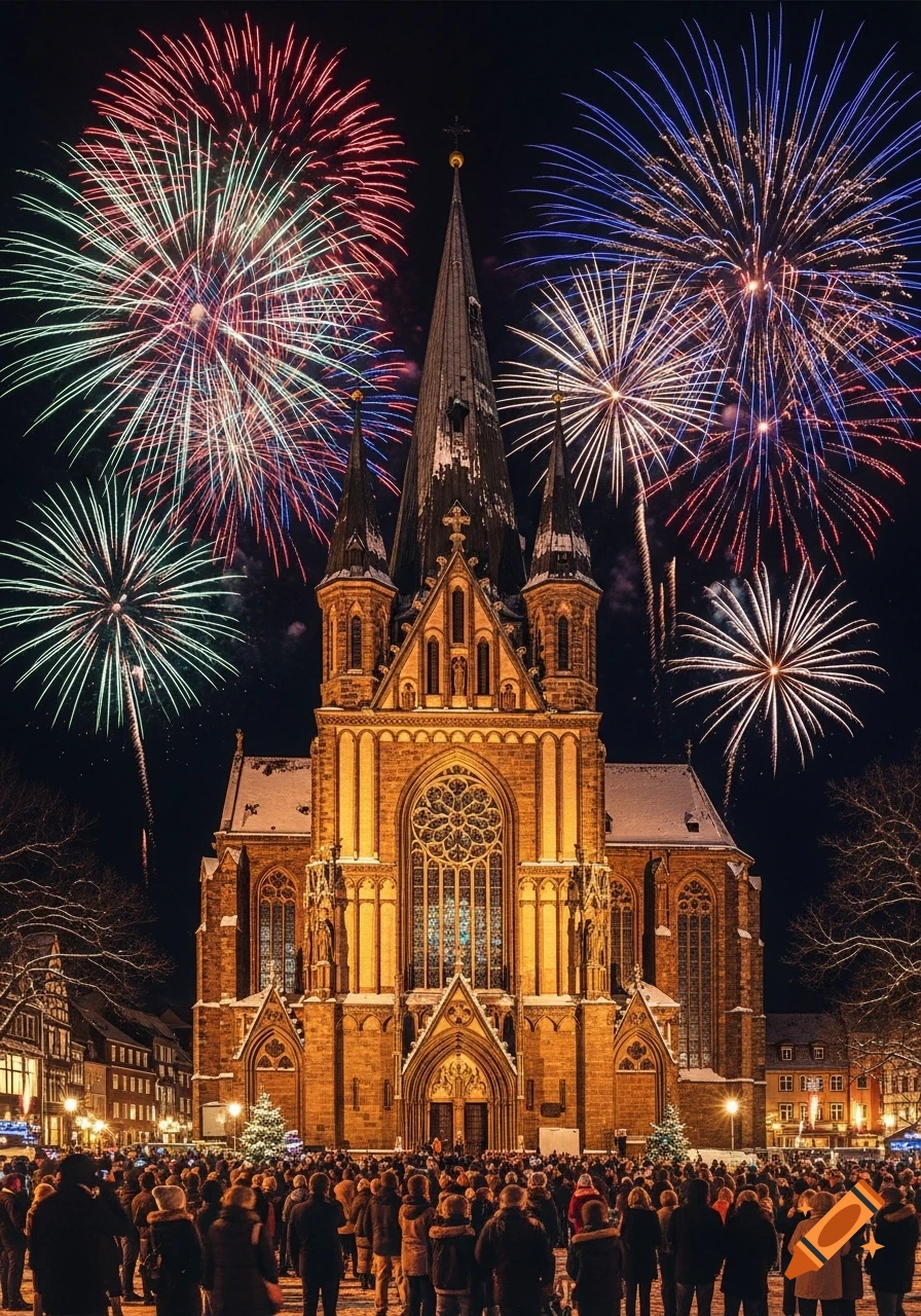 A large, illuminated church with tall spires stands against a dark night sky filled with colorful fireworks, as a crowd gathers below.