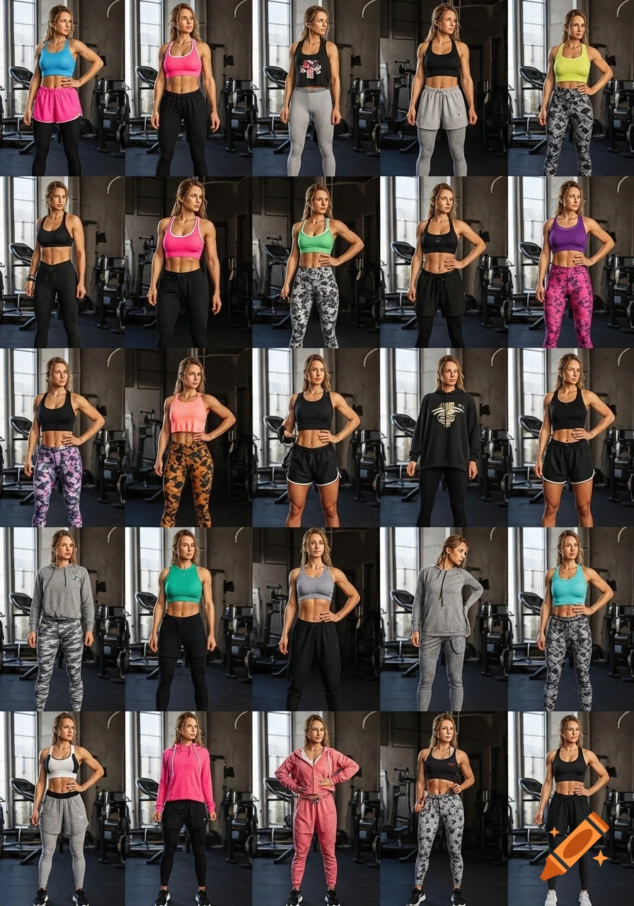 Multiple panels show a consistent female model posing in various athletic wear outfits within a modern gym setting, photorealistic style.