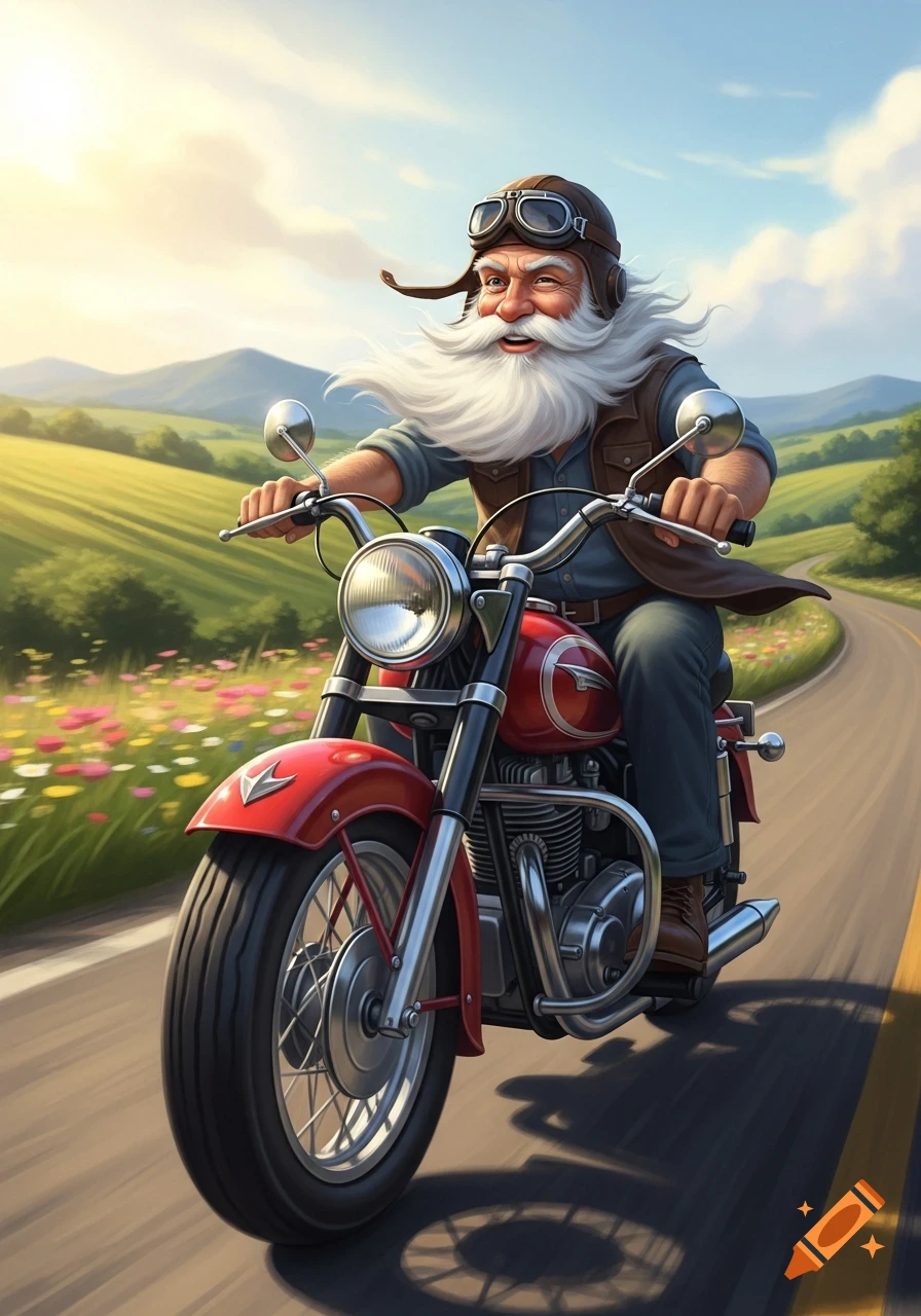 A cheerful, bearded elderly man in a pilot's cap and goggles rides a red motorcycle on a winding road through a sunny, green countryside with wildflowers, in a cartoon style.