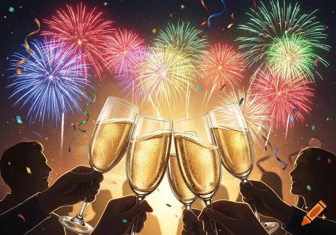 Silhouettes of people toast with champagne flutes under a night sky illuminated by colorful fireworks and confetti, celebrating.