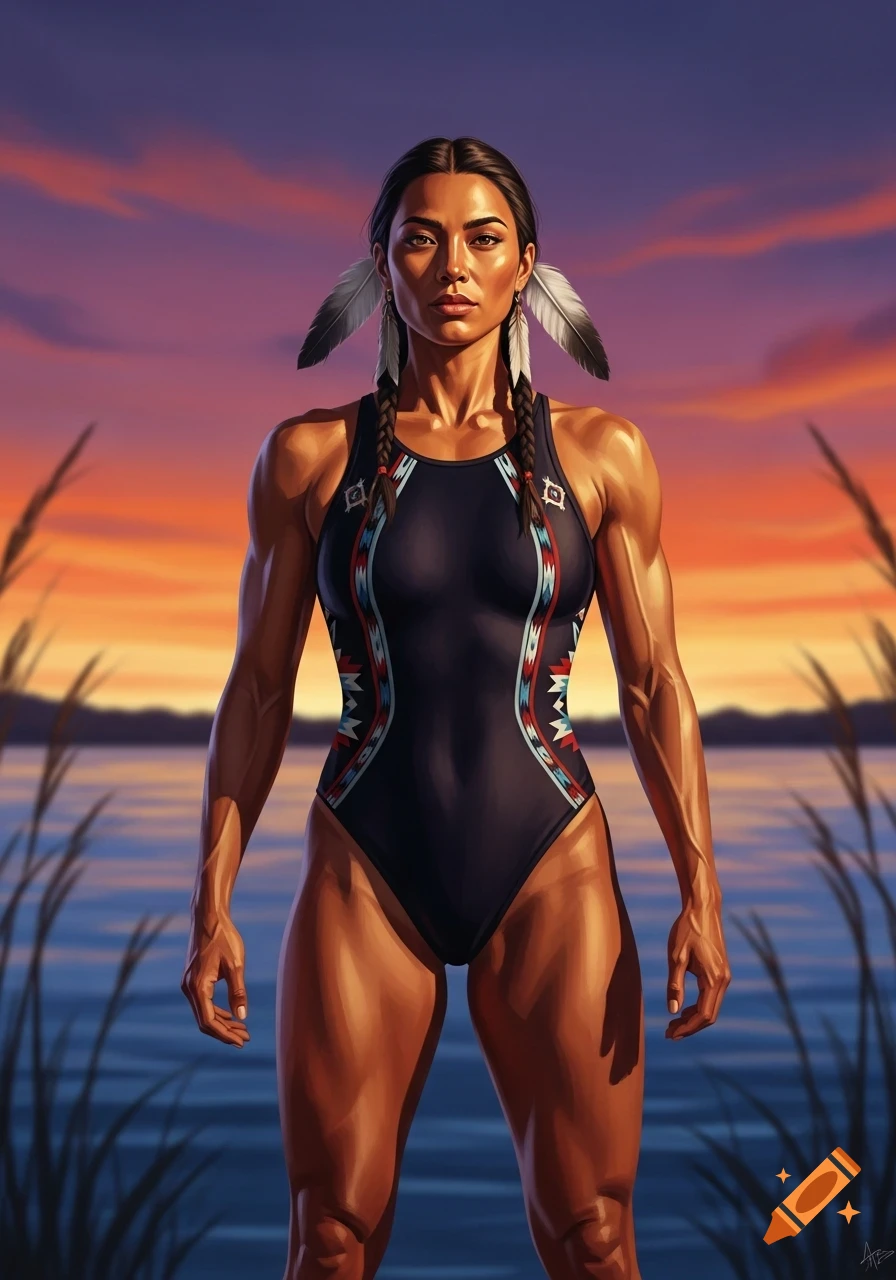 Muscular Native American woman in a black one-piece swimsuit with braided hair and feathers, standing by a lake at sunset.