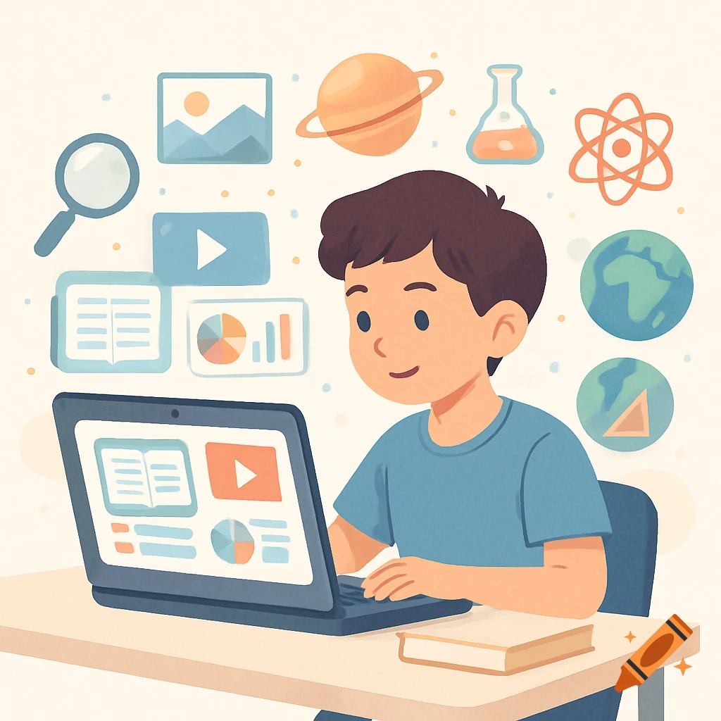 A cartoon boy learns online using a laptop, surrounded by educational icons like books, a planet, and a magnifying glass, in a clear illustrative style.